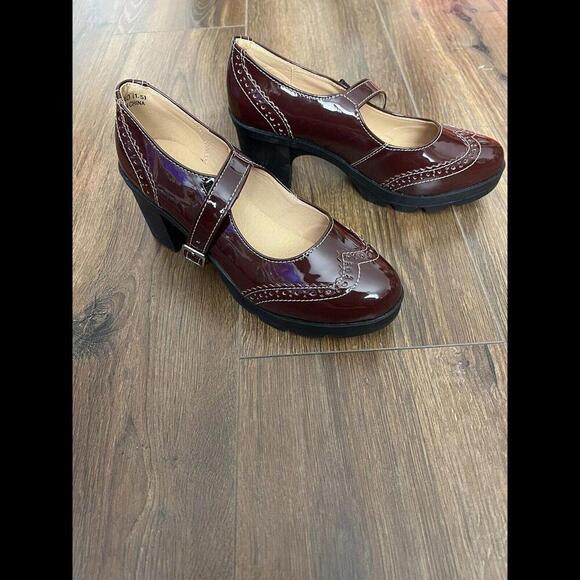 Mary Jane Shoes - Fashion Patent Leather Burgundy Heeled Mary Jane Size 38 US 7